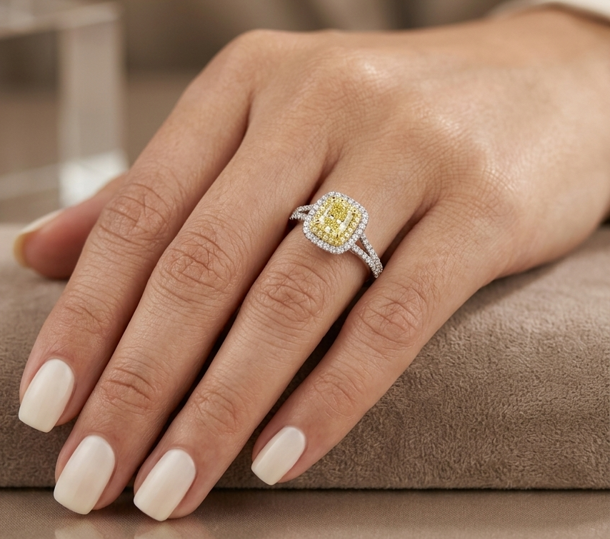 18K white gold engagement ring featuring a 0.58 carat GIA certified Fancy Yellow cushion cut diamond with SI1 clarity, surrounded by yellow and white diamond double halos with a diamond-set band.