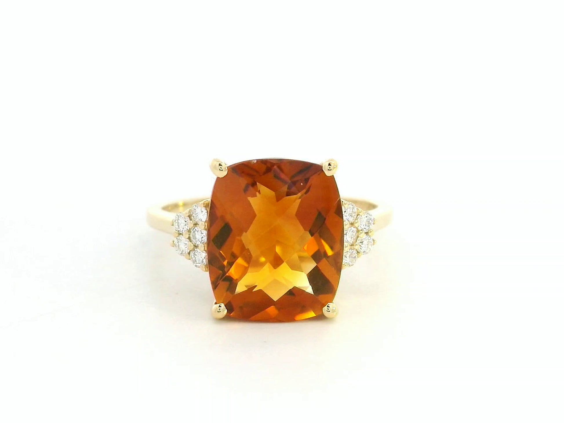 18K yellow gold cushion-cut citrine and diamond ring featuring a 4.37 carat citrine and 0.16 carat total diamond weight by Emirates Diamonds