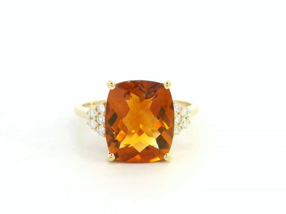 18K yellow gold cushion-cut citrine and diamond ring featuring a 4.37 carat citrine and 0.16 carat total diamond weight by Emirates Diamonds