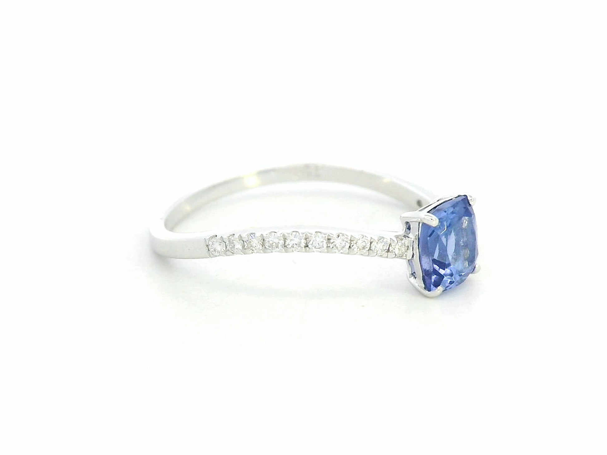 18K white gold cushion-cut tanzanite ring with diamond pavé band – Emirates Diamonds