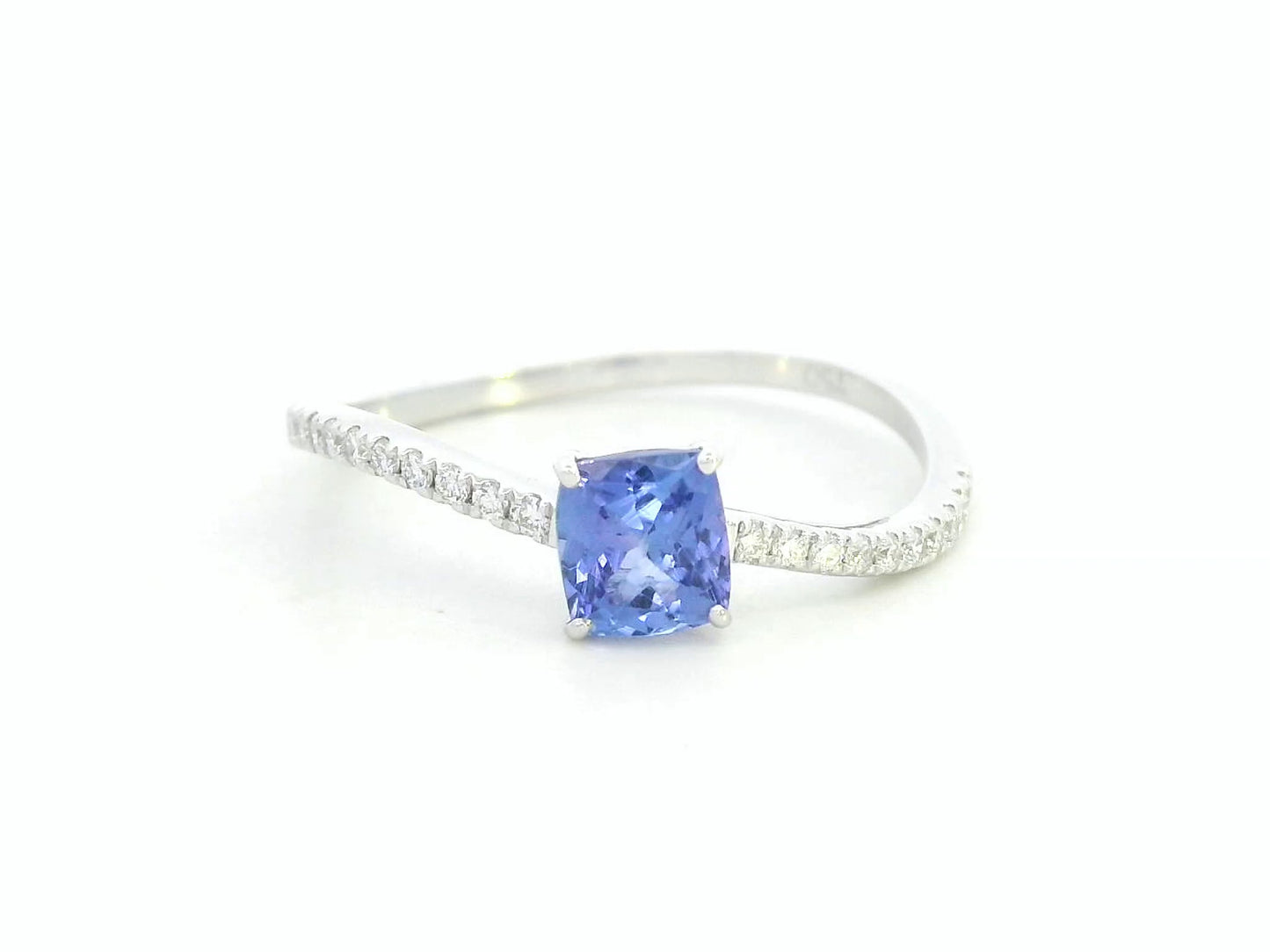 18K white gold cushion-cut tanzanite ring with diamond pavé band – Emirates Diamonds