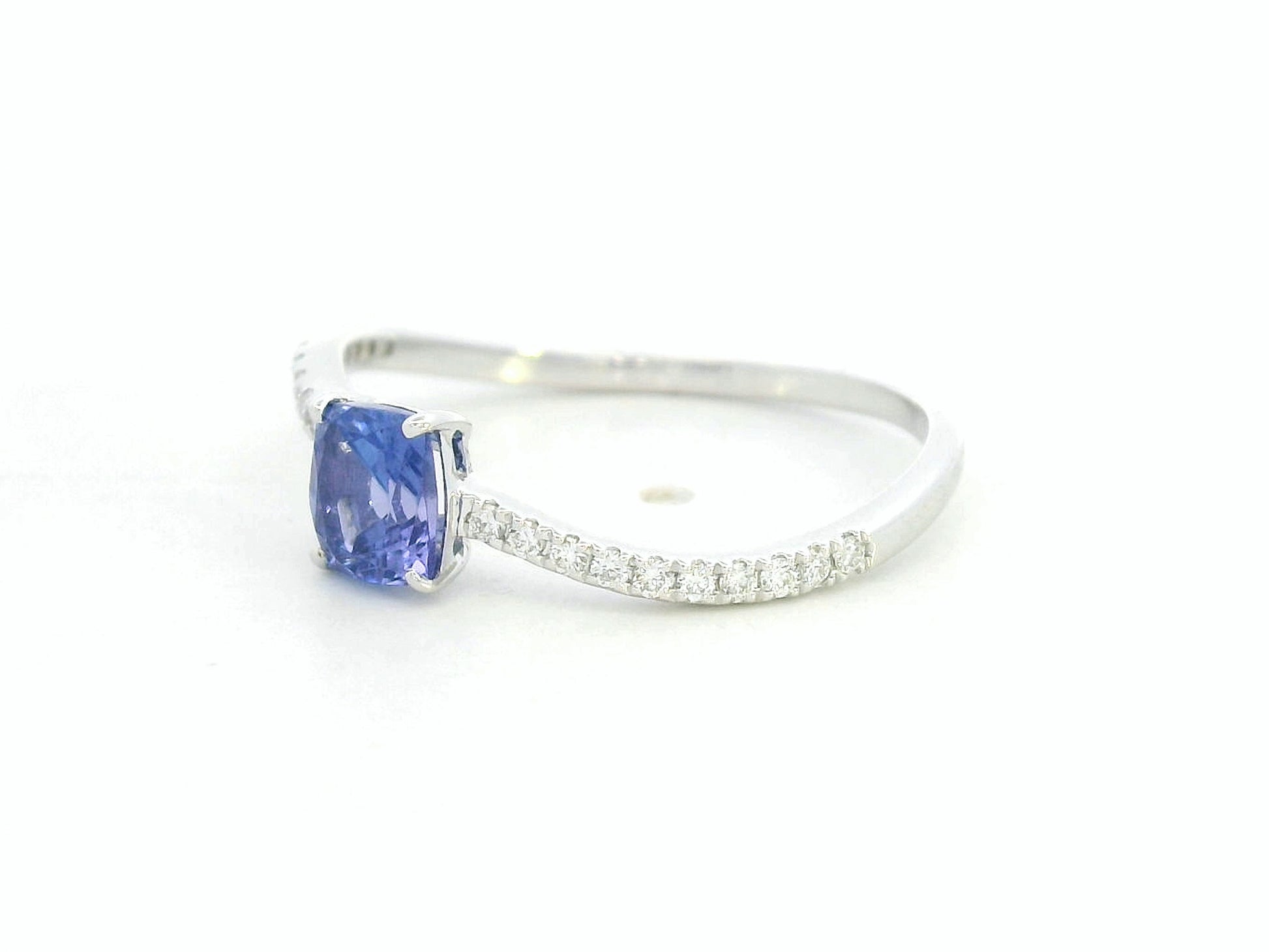 18K white gold cushion-cut tanzanite ring with diamond pavé band – Emirates Diamonds