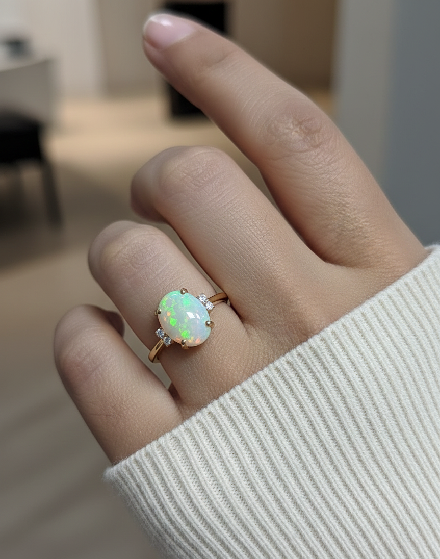 18K yellow gold opal and diamond ring featuring a 2.60 carat oval opal with diamond accents by Emirates Diamonds