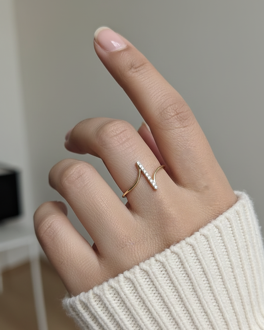 18K yellow gold diamond bar ring with vertical pavé-set natural diamonds, modern minimalist fine jewelry by Emirates Diamonds