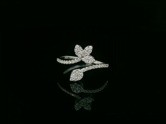 18K white gold diamond leaf wrap ring with pavé-set diamonds – nature-inspired open bypass ring by Emirates Diamonds