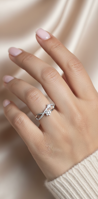 18K white gold diamond crossover cluster ring with pavé band, 0.34 carat diamonds by Emirates Diamonds