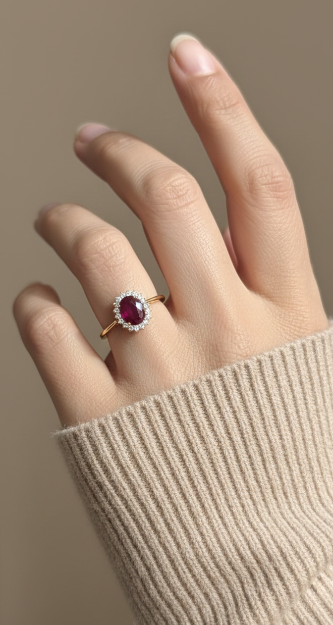 18K yellow gold ruby and diamond halo ring featuring a 1.28 carat oval ruby and 0.19 carat natural diamonds by Emirates Diamonds