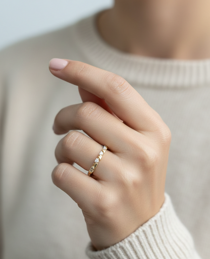 18K yellow gold diamond geometric band ring with triangle accents, 0.08 carat diamonds, modern stackable ring by Emirates Diamonds