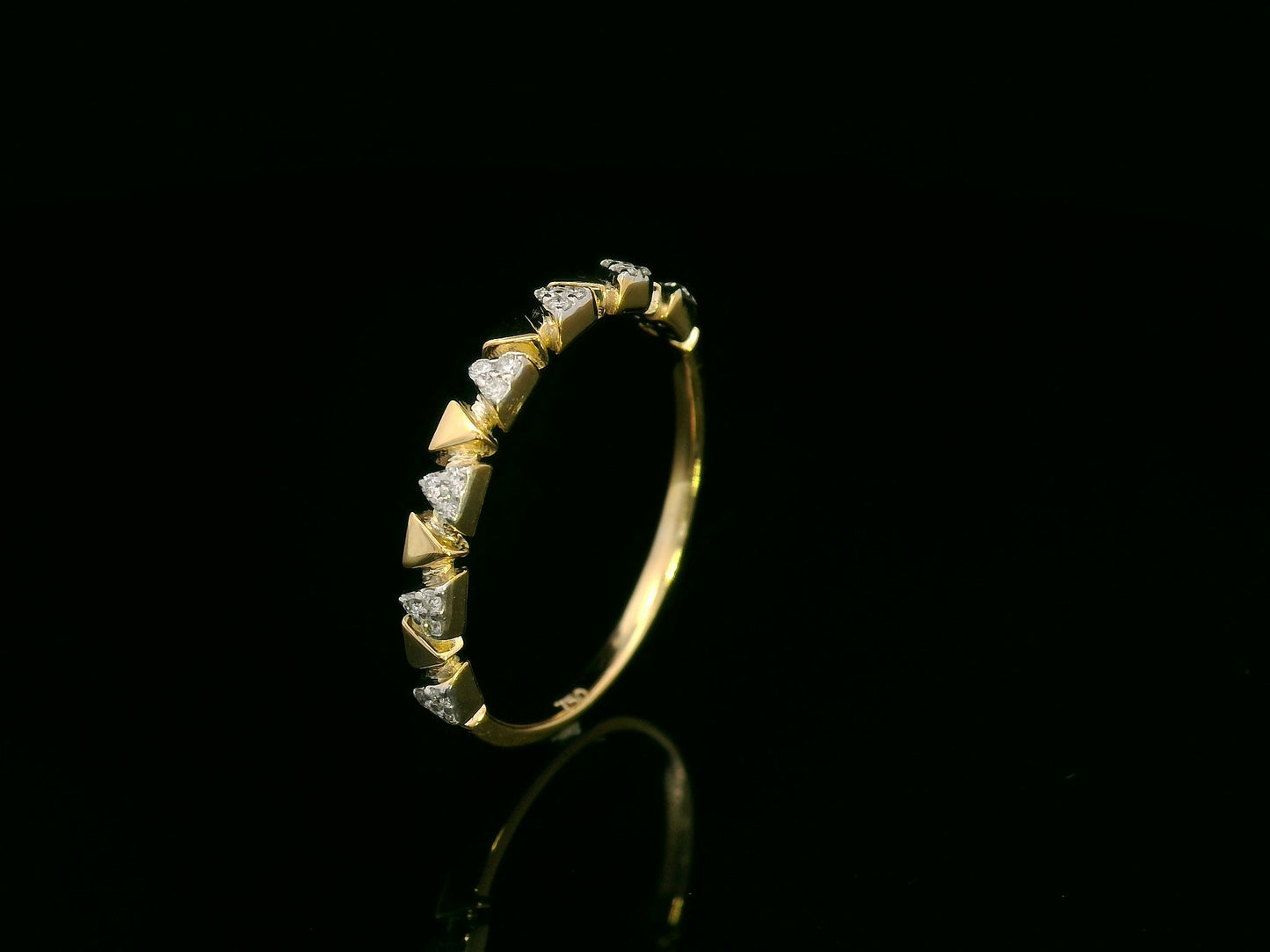 18K yellow gold diamond geometric band ring with triangle accents, 0.08 carat diamonds, modern stackable ring by Emirates Diamonds