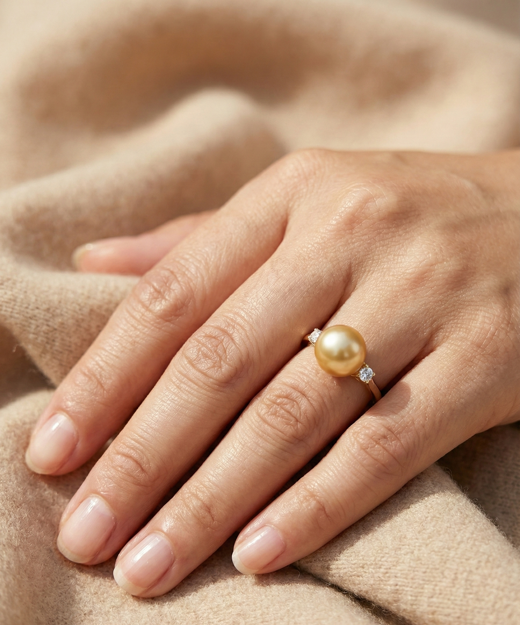 18K yellow gold South Sea golden pearl ring with side diamonds by Emirates Diamonds