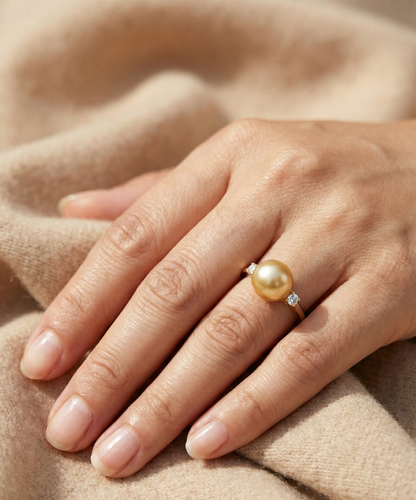 18K yellow gold South Sea golden pearl ring with side diamonds by Emirates Diamonds