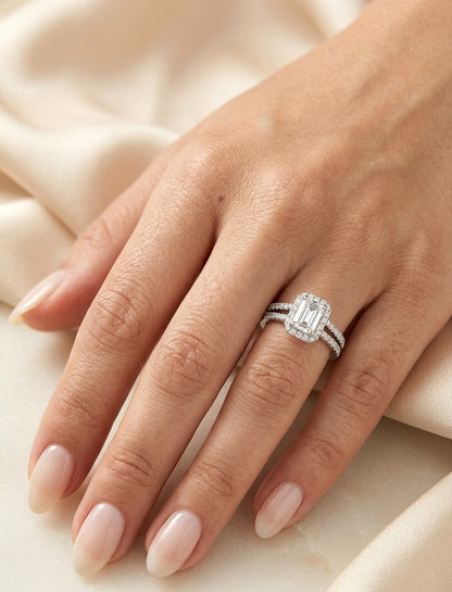 Emerald Cut Diamond Bridal Set with Halo in 18K White Gold- GIA Certified