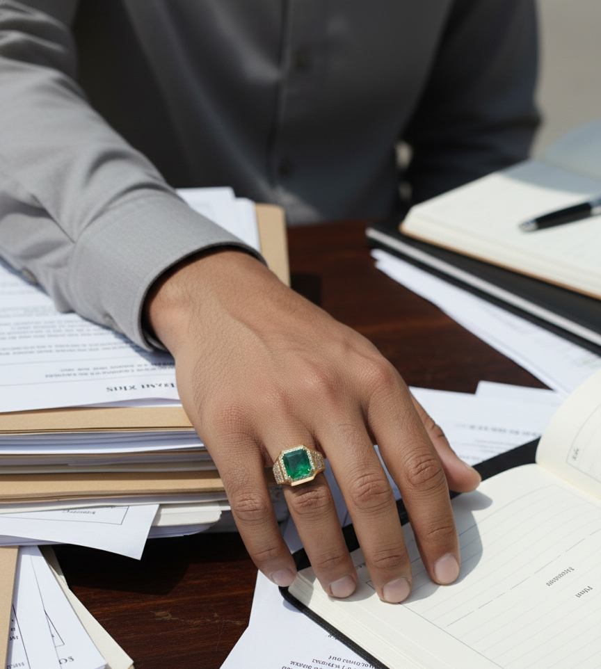 Men’s 18K yellow gold emerald and diamond statement ring featuring a 3.30 carat emerald with diamond halo and wide pavé band by Emirates Diamonds