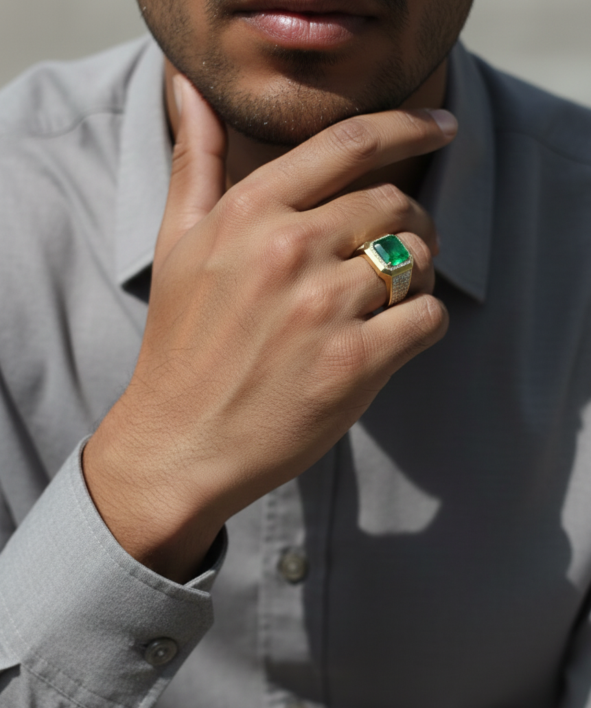 Men’s 18K yellow gold emerald and diamond statement ring featuring a 3.30 carat emerald with diamond halo and wide pavé band by Emirates Diamonds