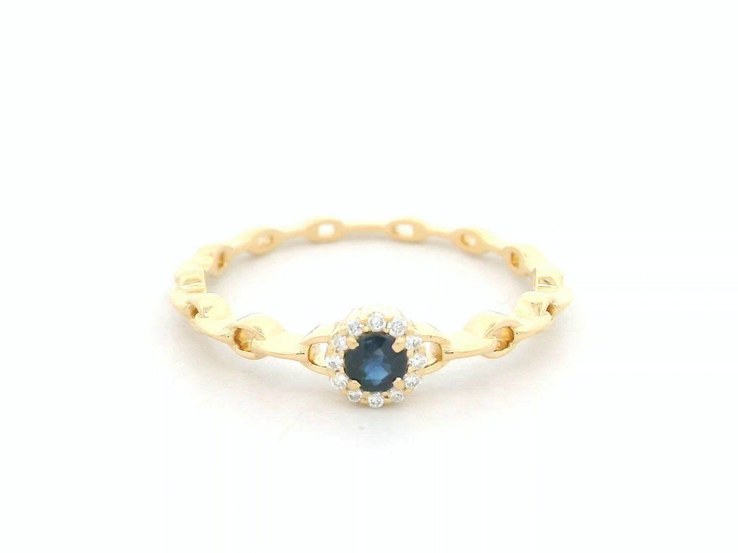18K yellow gold blue sapphire and diamond halo ring with delicate chain band, 0.21 carat gemstones by Emirates Diamonds