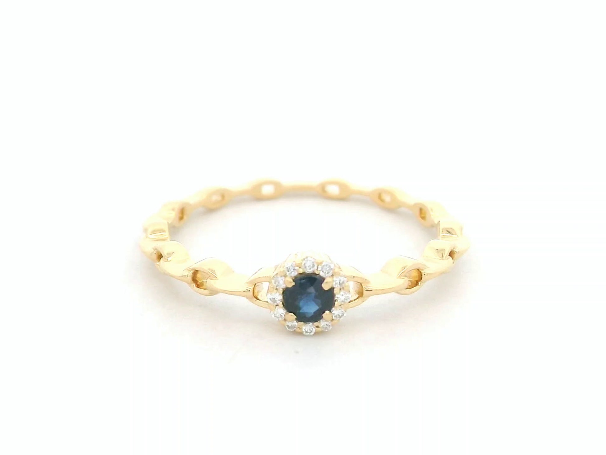 18K yellow gold blue sapphire and diamond halo ring with delicate chain band, 0.21 carat gemstones by Emirates Diamonds