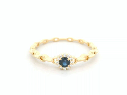 18K yellow gold blue sapphire and diamond halo ring with delicate chain band, 0.21 carat gemstones by Emirates Diamonds
