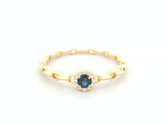 18K yellow gold blue sapphire and diamond halo ring with delicate chain band, 0.21 carat gemstones by Emirates Diamonds