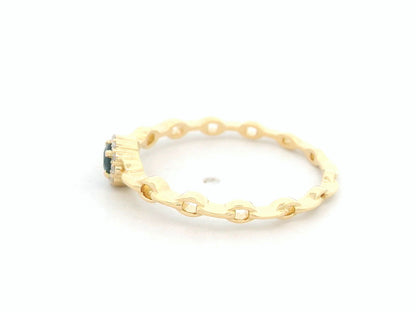 18K yellow gold blue sapphire and diamond halo ring with delicate chain band, 0.21 carat gemstones by Emirates Diamonds