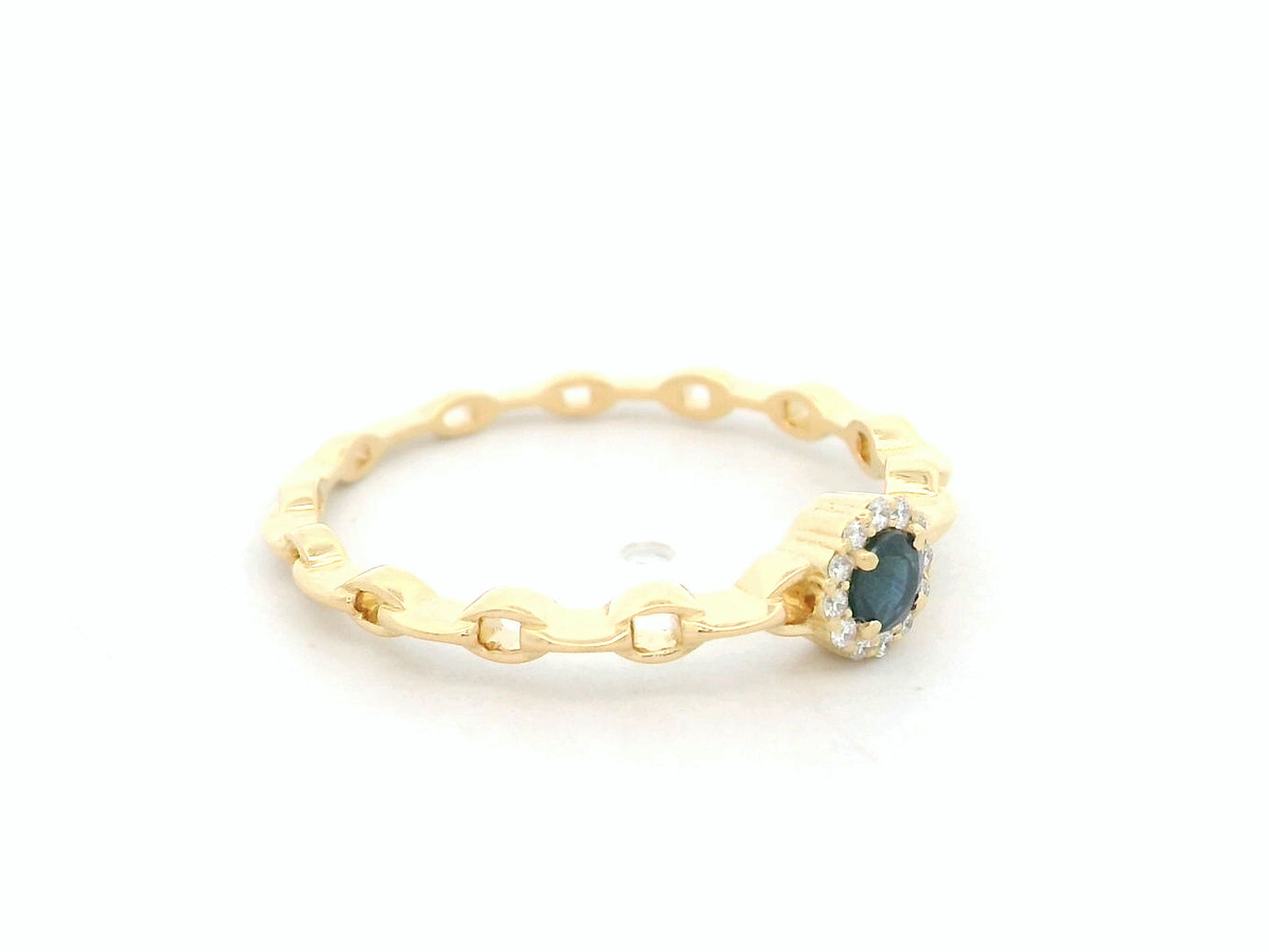18K yellow gold blue sapphire and diamond halo ring with delicate chain band, 0.21 carat gemstones by Emirates Diamonds