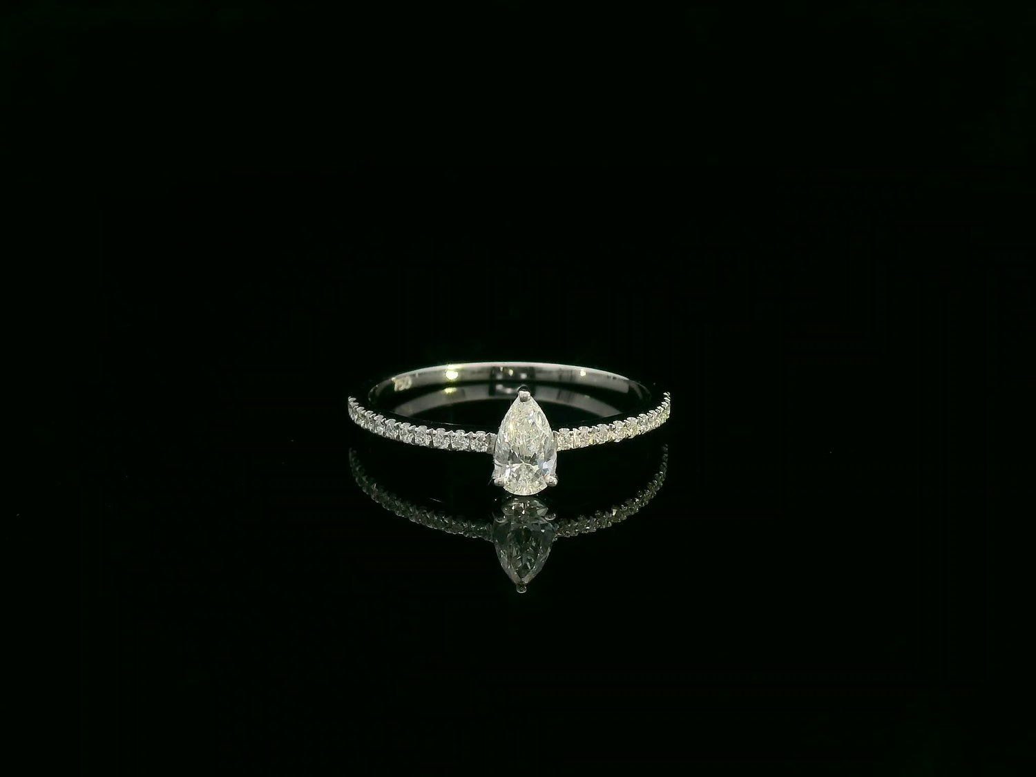 18K white gold pear-shaped diamond ring with pavé band by Emirates Diamonds