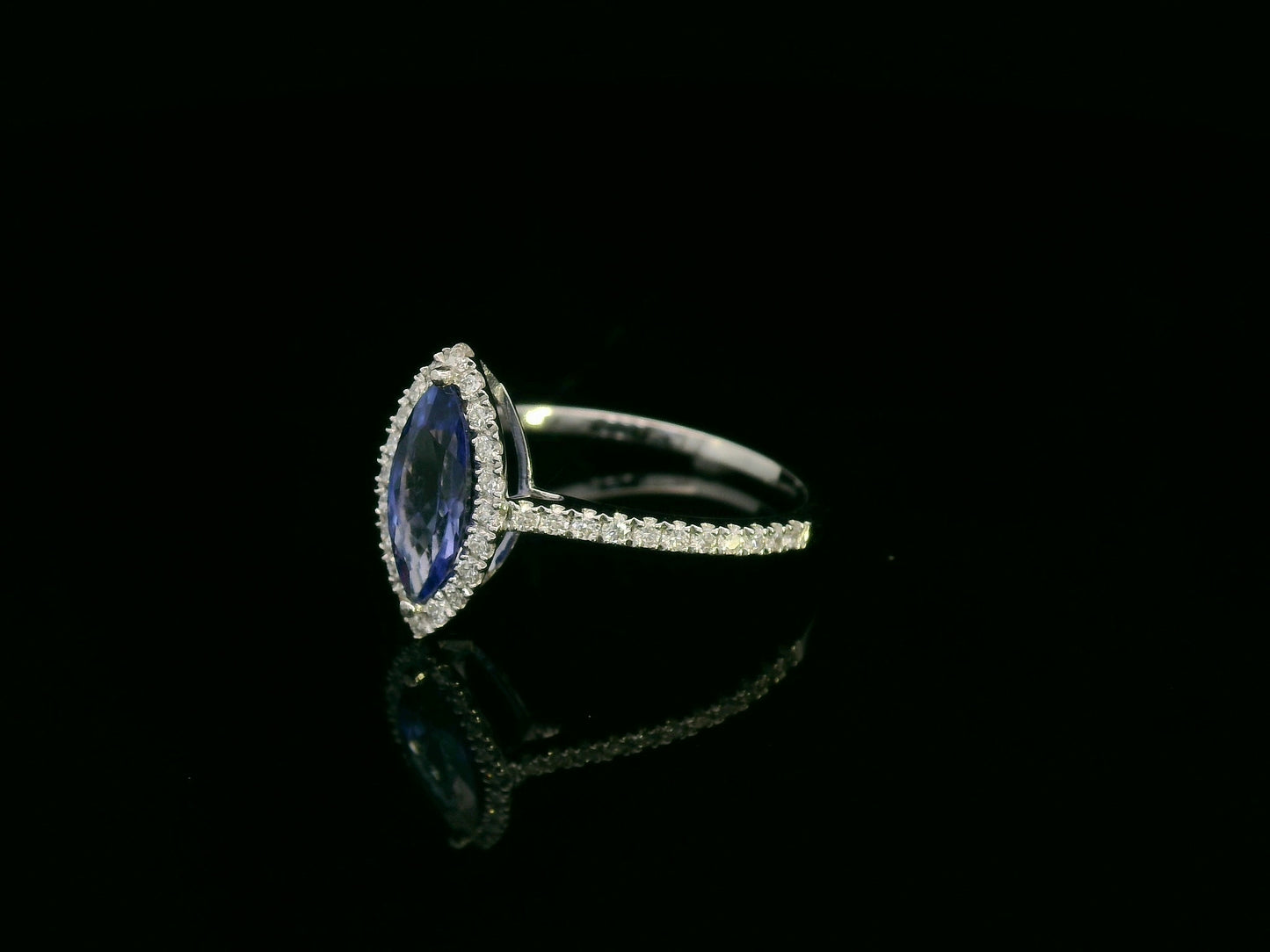 18K white gold marquise-cut tanzanite ring with diamond halo and pavé band by Emirates Diamonds