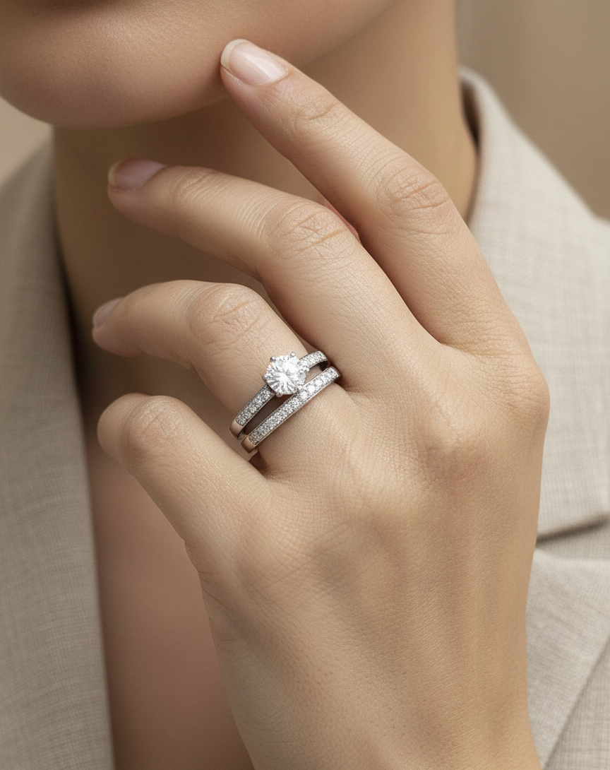 18K white gold diamond bridal ring set featuring a 1.01 carat GIA-certified round-cut center diamond with pavé diamond engagement ring and matching wedding band by Emirates Diamonds