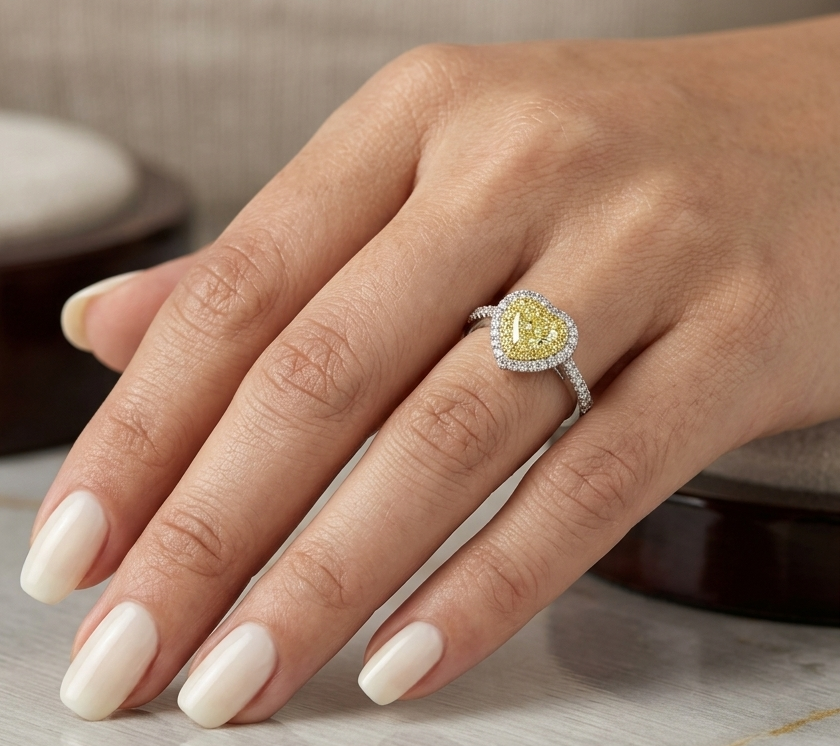 18K white gold engagement ring featuring a 0.73 carat GIA certified heart shaped Fancy Yellow diamond with VS2 clarity, surrounded by a yellow diamond halo, white diamond outer halo, and diamond set band.