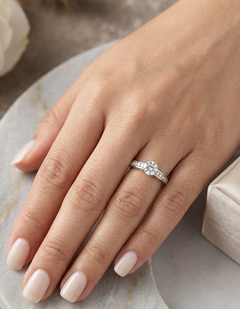 18K white gold engagement ring featuring a 0.60 carat GIA certified natural round brilliant diamond with F color and SI2 clarity, accented by 0.25 carat natural round diamonds on the shoulders in a classic six-prong setting.