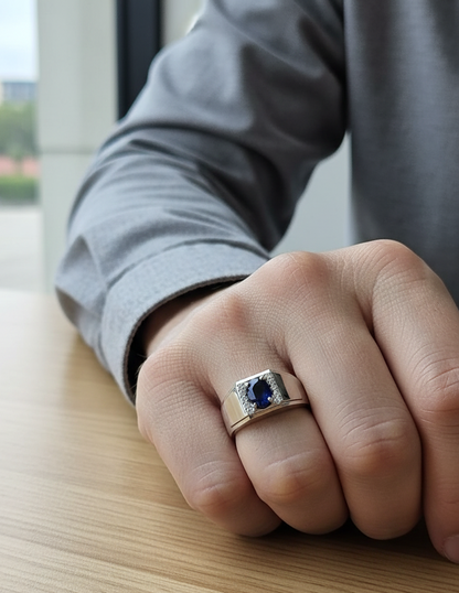 Blue Sapphire & Diamond Men’s Ring in 18K White Gold
