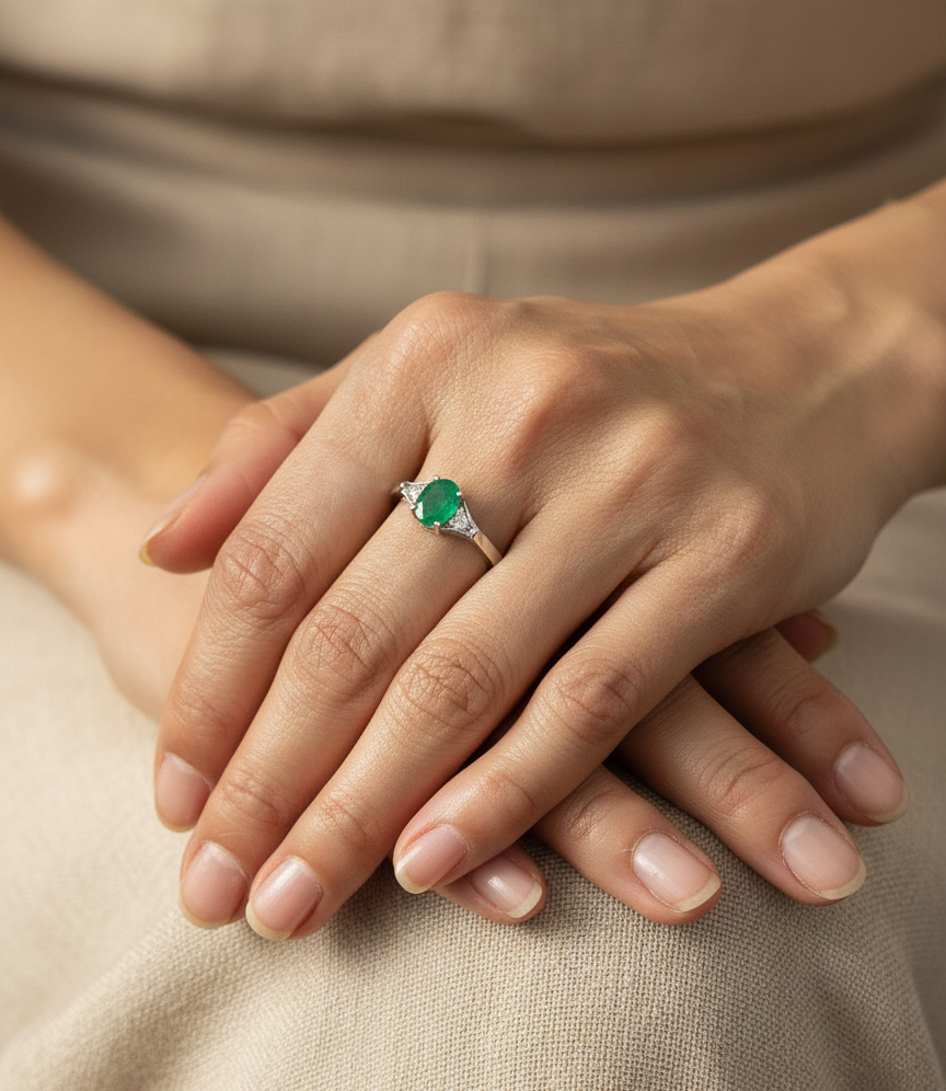 Oval emerald ring in 18K white gold with subtle diamond accents by Emirates Diamonds