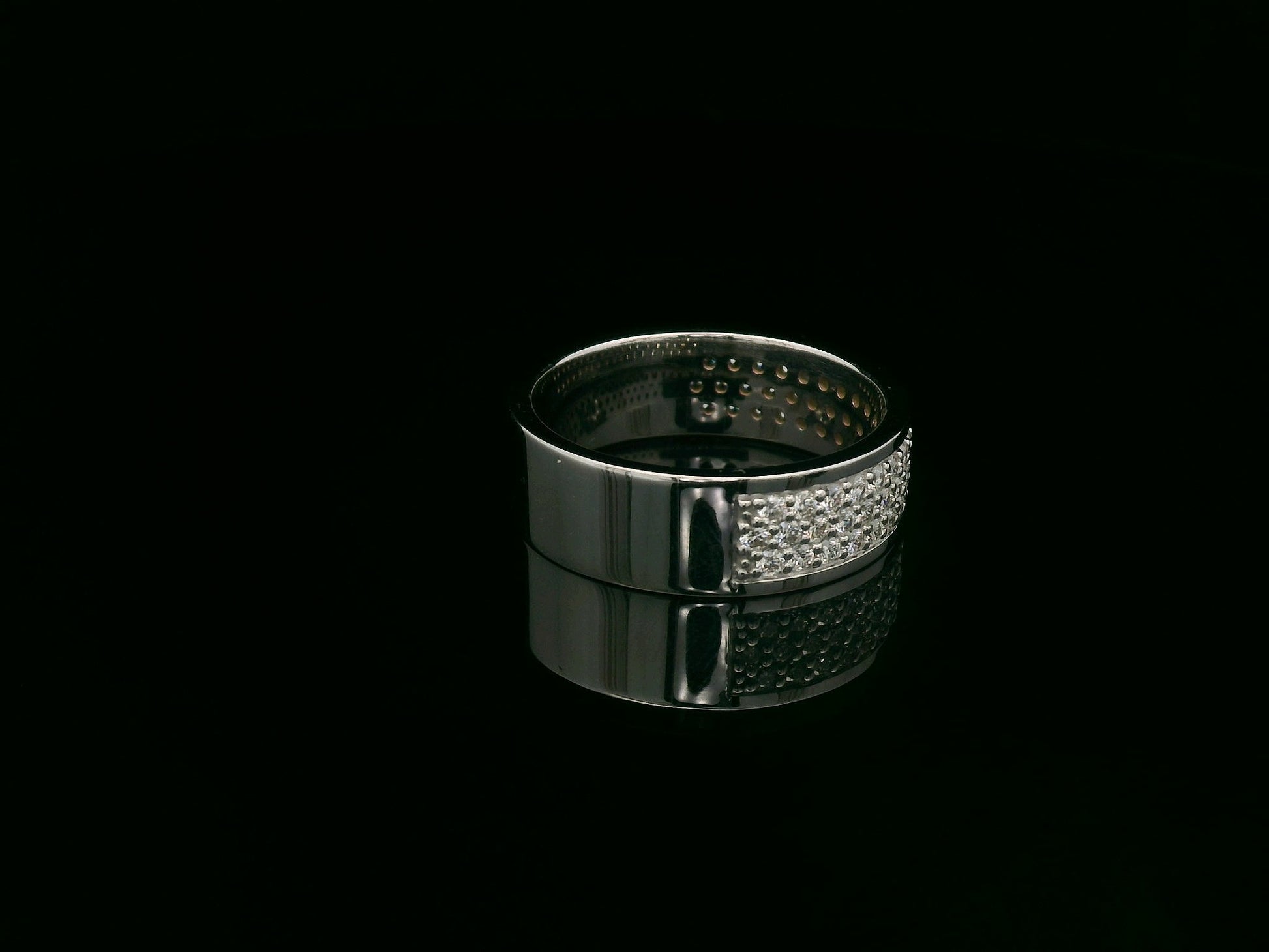 18K white gold diamond pavé band ring with 0.98 carat total diamond weight, wide luxury diamond band by Emirates Diamonds