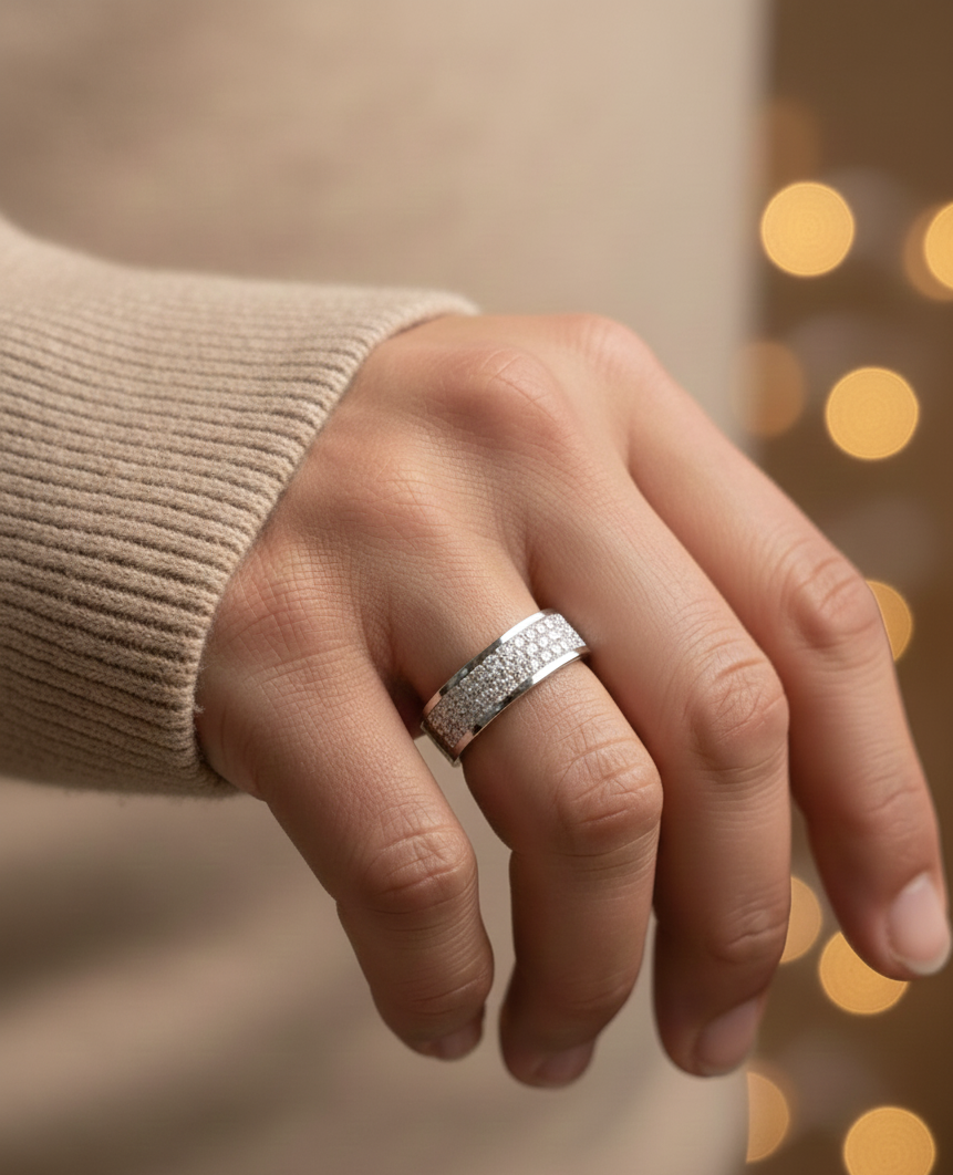 18K white gold diamond pavé band ring with 0.98 carat total diamond weight, wide luxury diamond band by Emirates Diamonds