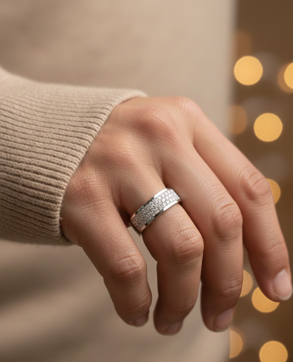 18K white gold diamond pavé band ring with 0.98 carat total diamond weight, wide luxury diamond band by Emirates Diamonds