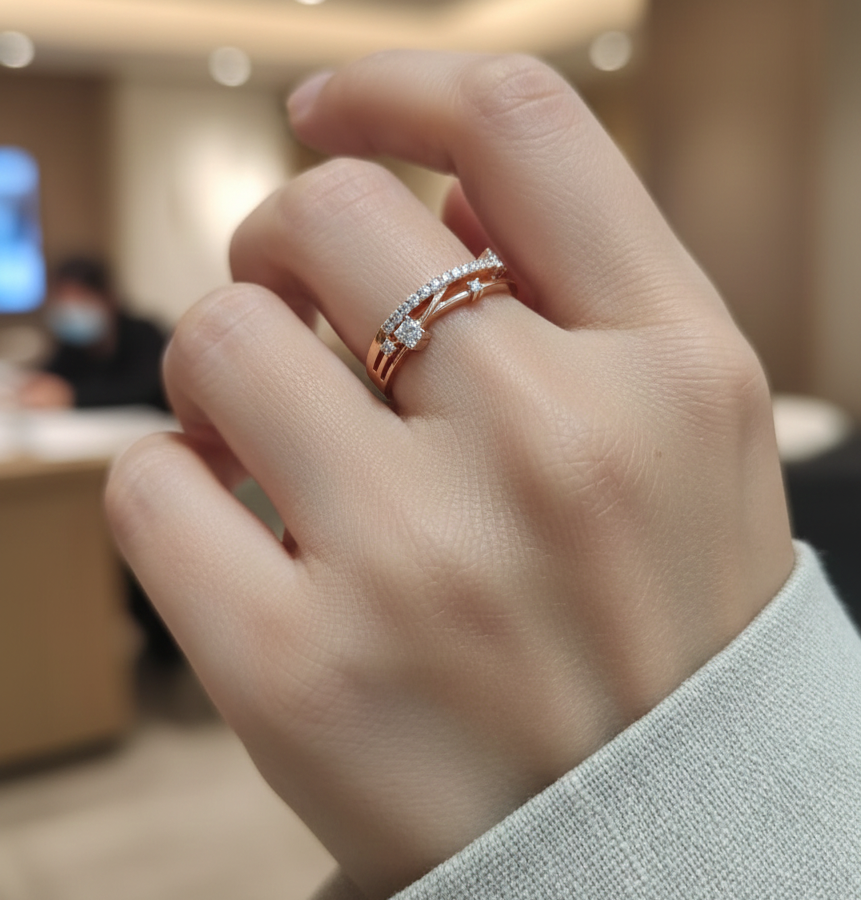 18K rose gold diamond crossover ring with pavé-set natural diamonds by Emirates Diamonds