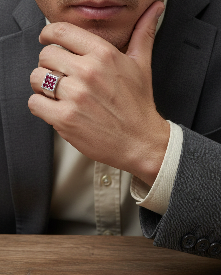 Men’s 18K white gold ruby and diamond square cluster ring by Emirates Diamonds
