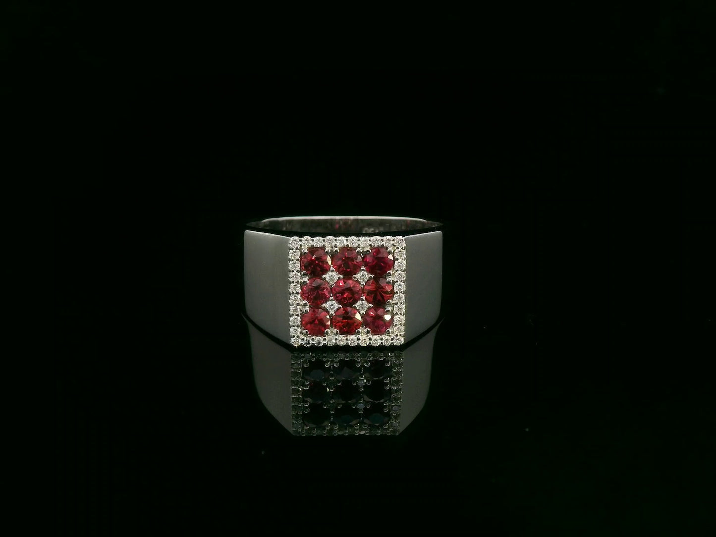 Men’s 18K white gold ruby and diamond square cluster ring by Emirates Diamonds