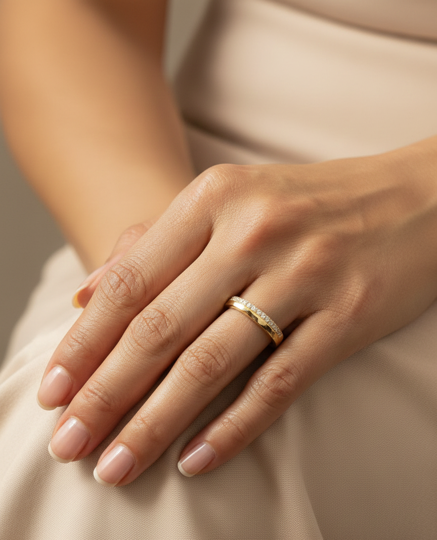 18K yellow gold diamond wedding band with diamonds, minimalist fine jewelry by Emirates Diamonds