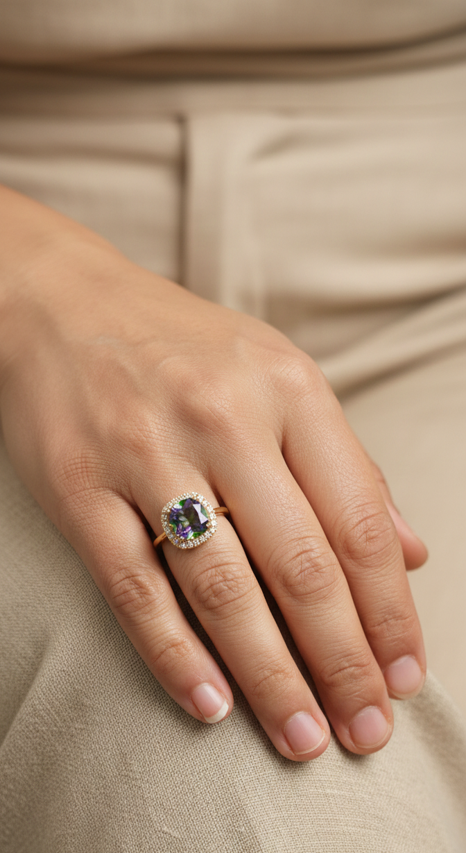 18K yellow gold ring featuring a 2.96 carat Mystic Quartz with diamond halo by Emirates Diamonds