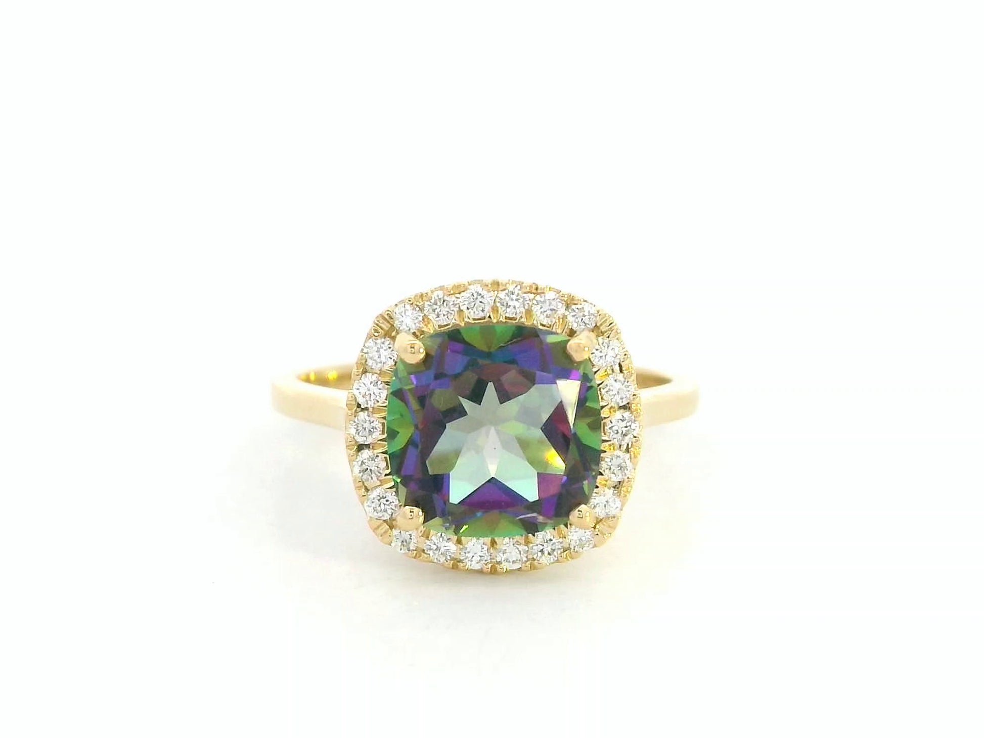 18K yellow gold ring featuring a 2.96 carat Mystic Quartz with diamond halo by Emirates Diamonds