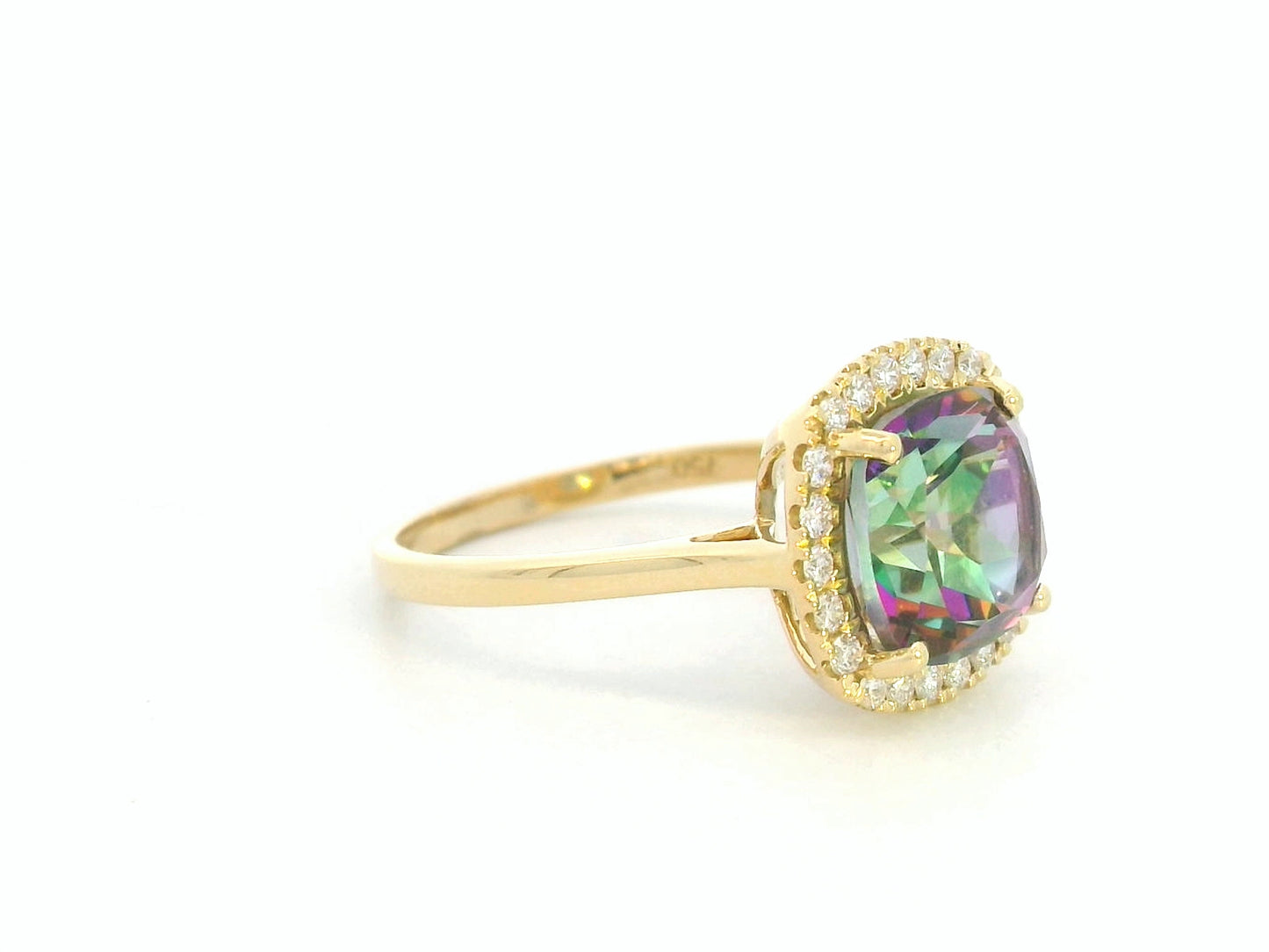 18K yellow gold ring featuring a 2.96 carat Mystic Quartz with diamond halo by Emirates Diamonds
