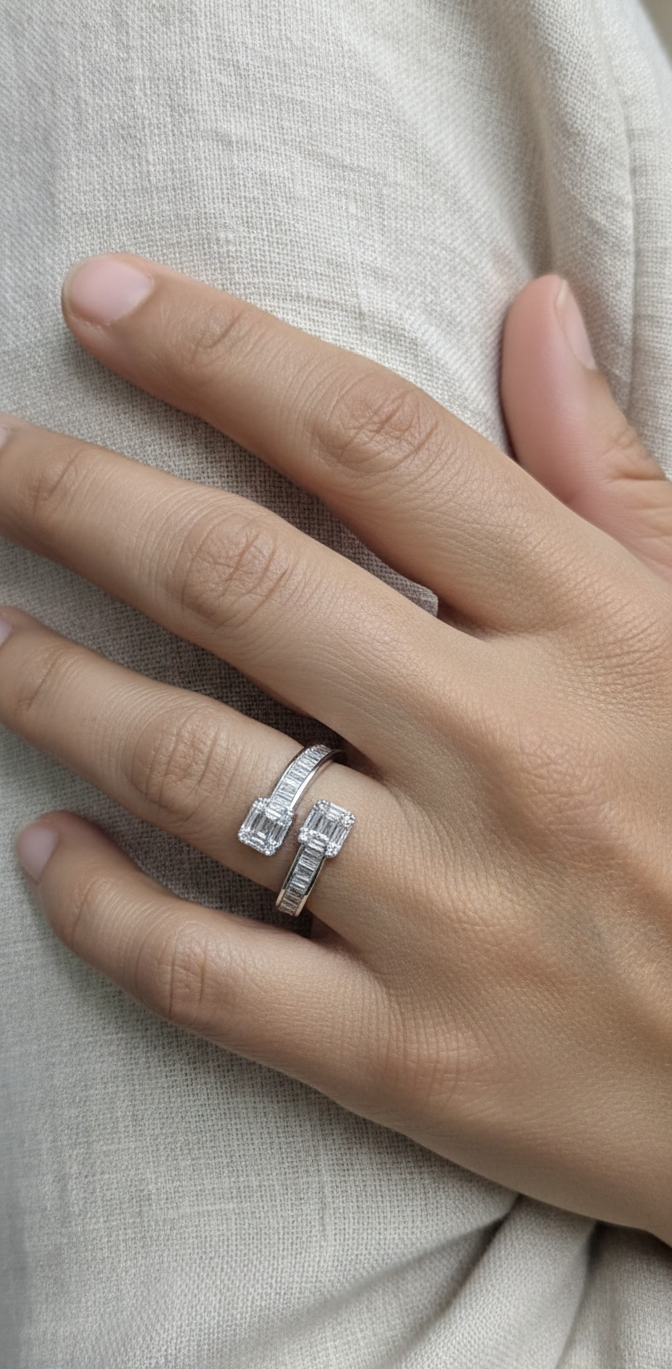 18K white gold open cuff diamond ring with baguette-cut diamonds, modern wrap statement ring by Emirates Diamonds.