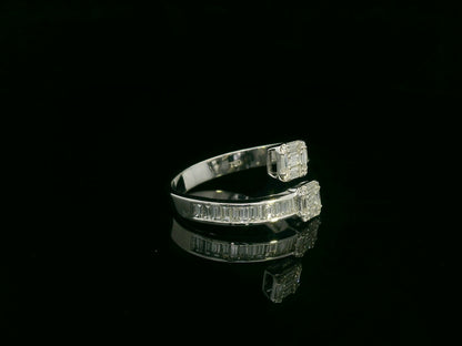 18K white gold open cuff diamond ring with baguette-cut diamonds, modern wrap statement ring by Emirates Diamonds.