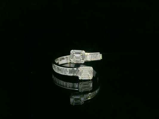18K white gold open cuff diamond ring with baguette-cut diamonds, modern wrap statement ring by Emirates Diamonds.