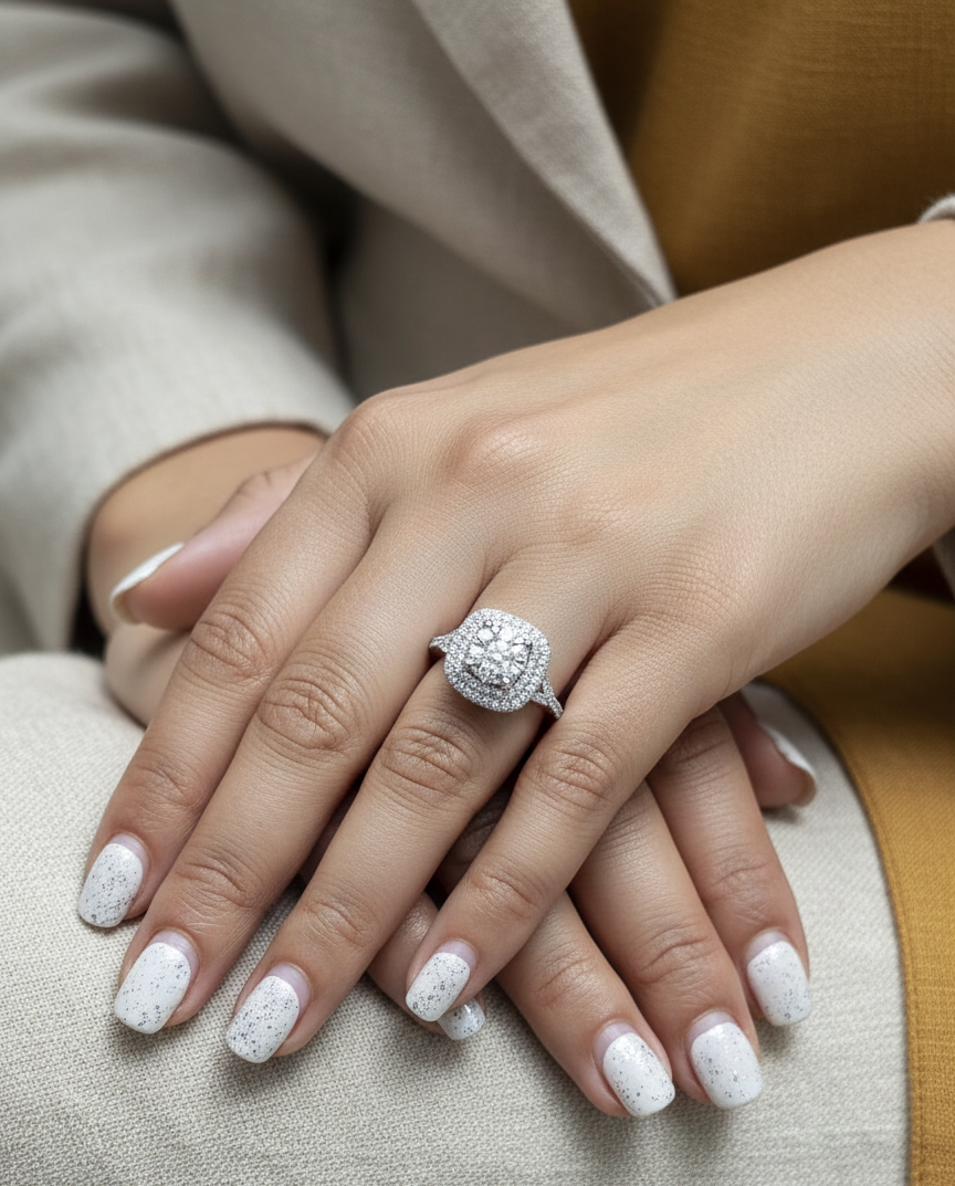 18K white gold double halo diamond engagement ring with pavé-set band, luxury fine jewelry by Emirates Diamonds.