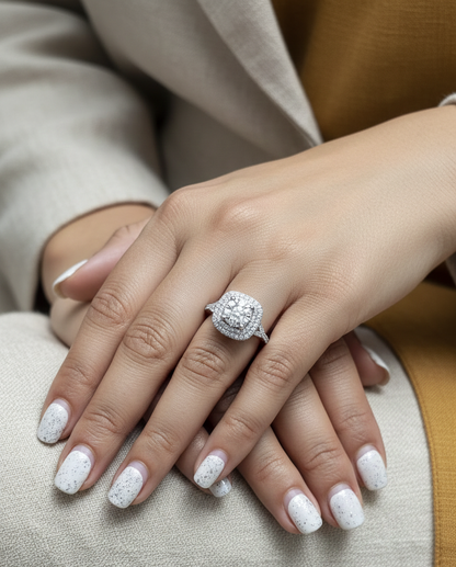 18K white gold double halo diamond engagement ring with pavé-set band, luxury fine jewelry by Emirates Diamonds.