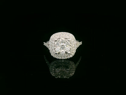 18K white gold double halo diamond engagement ring with pavé-set band, luxury fine jewelry by Emirates Diamonds.