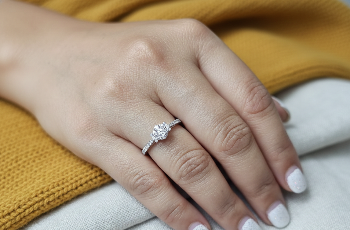 18K white gold diamond cluster ring with pavé diamond band, elegant engagement and everyday ring by Emirates Diamonds.