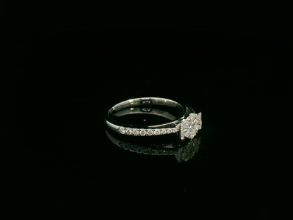 18K white gold diamond cluster ring with pavé diamond band, elegant engagement and everyday ring by Emirates Diamonds.