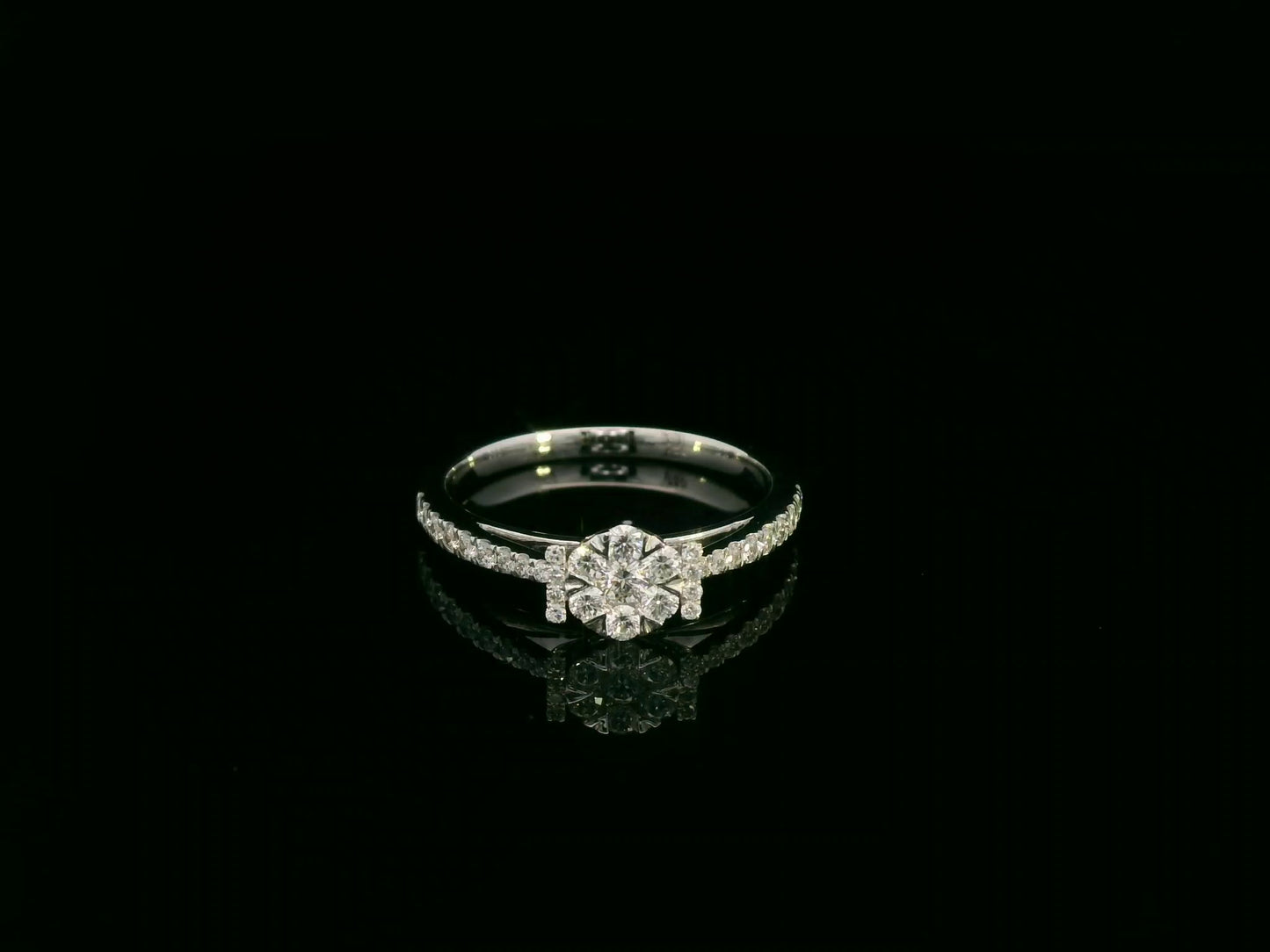 18K white gold diamond cluster ring with pavé diamond band, elegant engagement and everyday ring by Emirates Diamonds.
